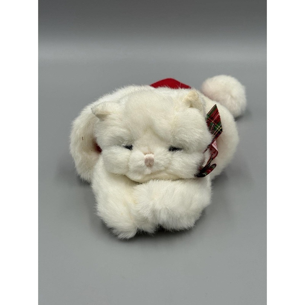 Vtg Russ Snoozy White Kitten Cat Plush Sleeping In Santa Hat Christmas 8 Inch